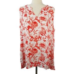 Katherine Barclay Coral Red White Floral Sleeveless Top Excellent Size LG